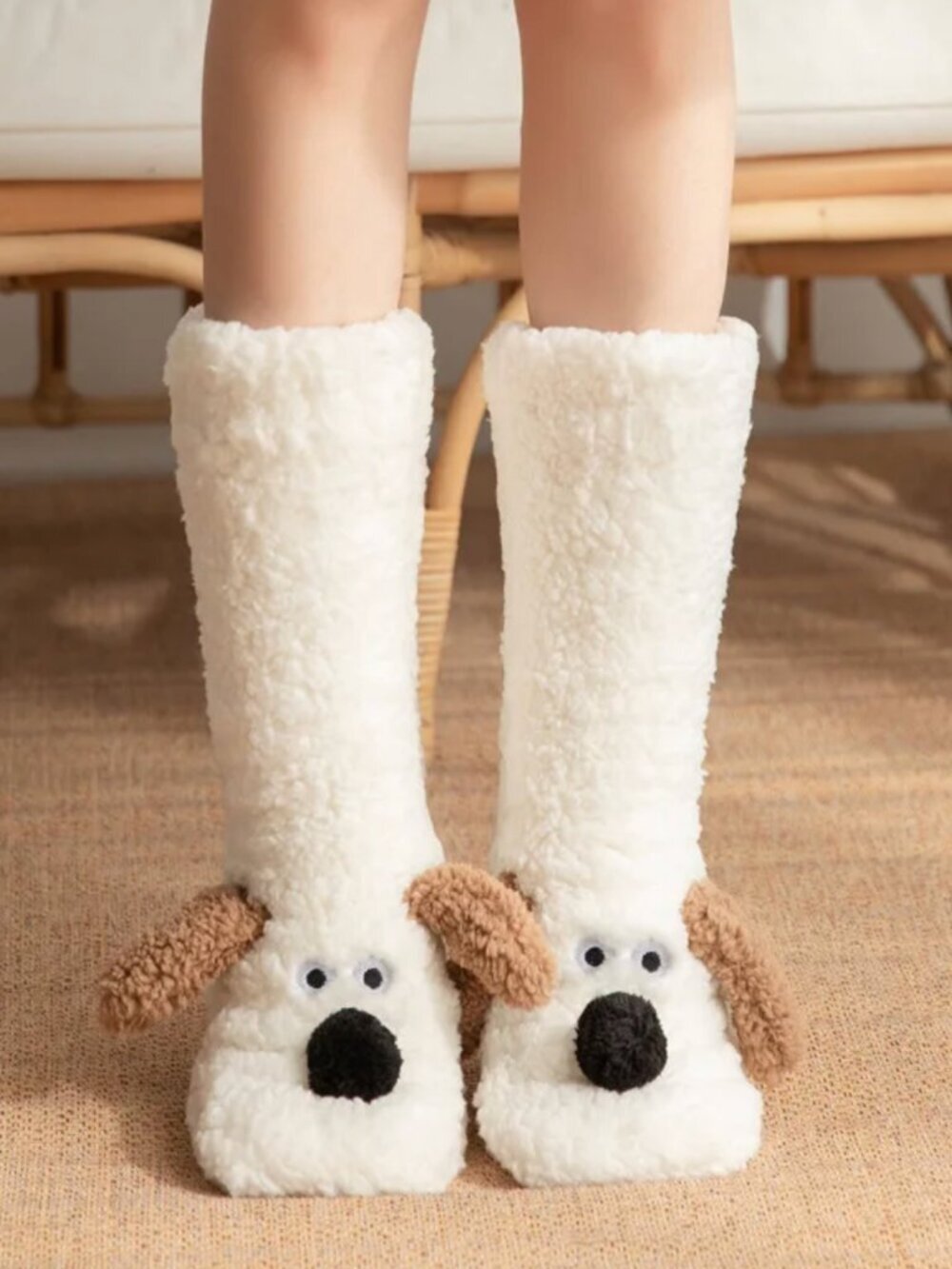 Sherpa Friends Cozy Socks Dogs Cream White Brown Ears Grippy Bottom Fuzzy NEW